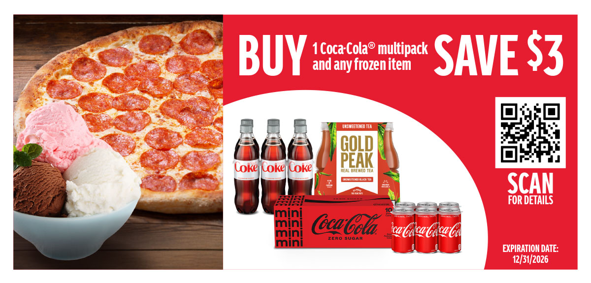 Buy 1 Coca-Cola multipack item and any frozen item and save $3 with rebate.
