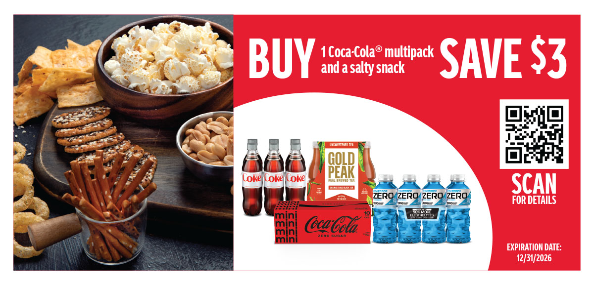 Buy 1 Coca-Cola multipack item and a salty snack and save $3 with rebate.
